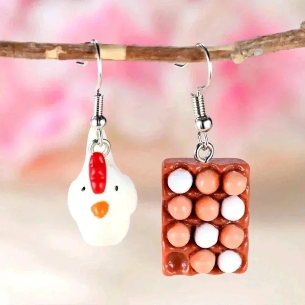 Chicken egg asymmetrical funny hen earrings jewelry fashion women's silver spark